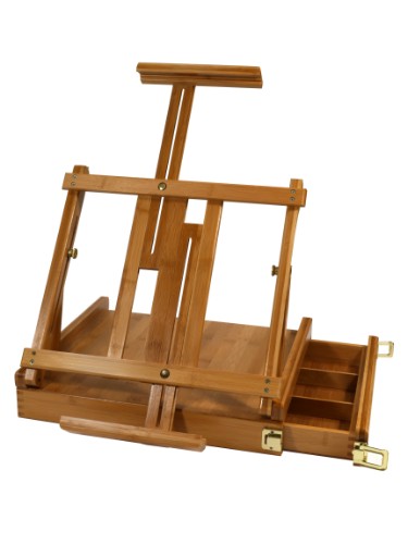 Tabletop bamboo easel with adjustable canvas supports and sliding storage drawer, perfect for artists on the go.