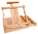 Tabletop easel made of beech wood with adjustable supports, storage drawer, and carrying handle for artists on the go.