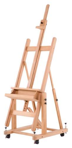 Elegant Master Studio Easel made from Elm wood, featuring adjustable height, tilt, and lockable wheels for easy maneuvering.