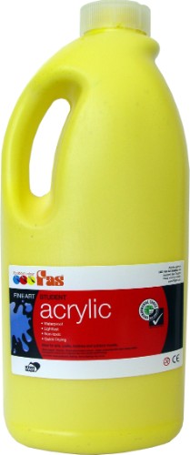 Fas Student Acrylic 2ltr Cool Yellow paint bottle, showcasing vibrant, non-toxic, fast-drying acrylic for versatile art projects.