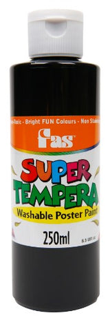 Fas Super Tempera 250ml Black paint, non-toxic, versatile, quick-drying, ideal for various artistic projects and easy to wash out.