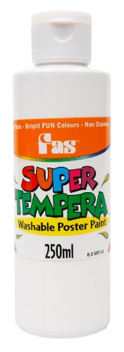 Fas Super Tempera 250ml White: Non-toxic, vibrant poster paint ideal for arts, crafts, and educational use with excellent washability.