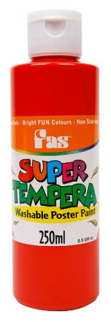 Bright Brill Red tempera paint in a 250ml bottle, ideal for safe, vibrant art activities and easy cleaning from fabrics.