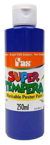 Vibrant 250ml Fas Super Tempera paint, non-toxic, quick-drying, perfect for crafts, easy cleanup, and glows under UV light.