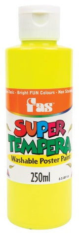 Bright yellow Fas Super Tempera poster paint in a 250ml bottle, perfect for creative projects and washes out easily from fabrics.