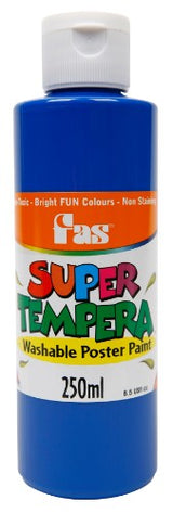 Fas Super Tempera 250ml Blue: vibrant, non-toxic paint ideal for art projects, easy to use, and washes out from most fabrics.