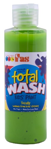 Vibrant green washable paint in a 250ml bottle, perfect for kids' arts and crafts with easy cleanup on all fabrics.