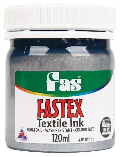 Fas Textile Ink 120ml Silver in a bottle, perfect for vibrant fabric printing with a metallic sheen for DIY projects.