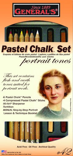 Pastel Chalk Set Portrait Tones with pencils, sticks, sharpener, tortillion, and a lesson booklet for vibrant portrait art.