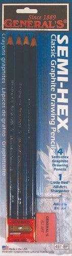 Set of four semi-hex pencils in grades HB, 2B, 4B, 6B, with an eraser and sharpener, encased in blue-painted cedar.