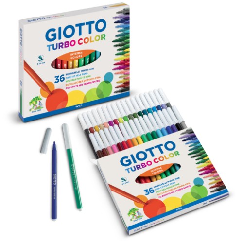 Vibrant set of 12 Giotto Turbo Colour Felt pens with washable inks and fine tips for precise and joyful coloring.