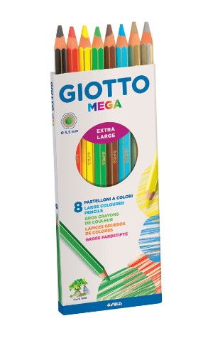 Giotto Mega Pencils Box of 8 featuring vibrant colors, 3.3 mm lead, wood-free design, ideal for artists of all ages.