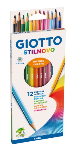 Giotto Stilnovo Aquarelle Pencils Box of 12 featuring vibrant colors, hexagonal design, and easy-to-sharpen leads.