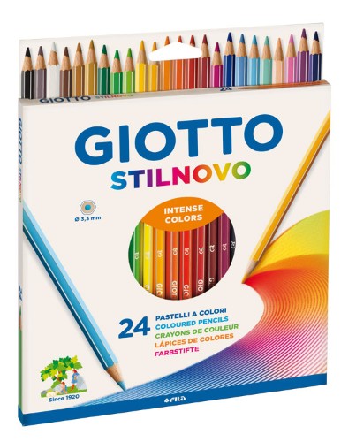 Giotto Stilnovo Pencils Box of 24 featuring hexagonal, vibrant colors and smooth application for artists of all ages.