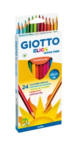 Set of 24 Giotto Elios Woodfree Tri Pencils in vibrant colors, featuring a comfortable triangular grip and break-resistant design.