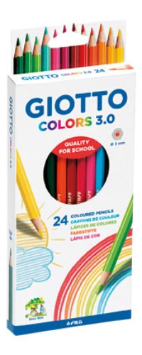 Vibrant Giotto Colors 3.0 pencils in a 24-piece box, perfect for artists with eco-friendly FSC-certified wood and strong 3 mm lead.