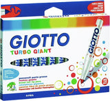 Box of 12 Giotto Turbo Giant Felt Pens featuring vibrant, washable colors with versatile conical nibs for creative expression.