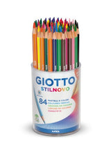 Colorful Giotto Stilnovo artist pencils in a pot of 84, featuring a hexagonal shape for comfortable grip and vibrant color application.