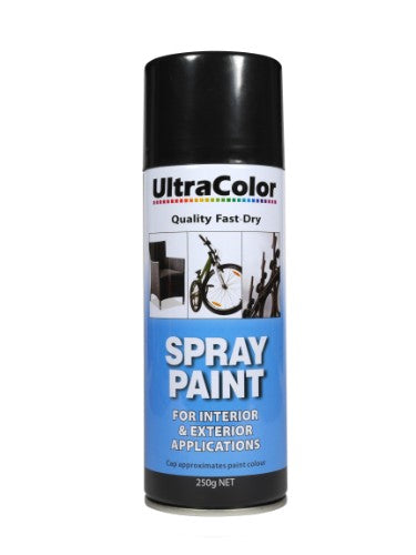 Ultracolor 250g Gloss Black Spray Paint can with adjustable nozzle, perfect for high-gloss finishes on various surfaces.