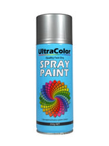 Ultracolor 250g Silver Spray Paint can with adjustable nozzle for high gloss, fast-drying finishes in DIY and art projects.