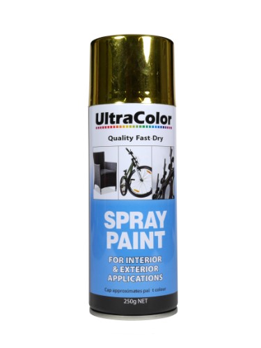 Gold Ultracolor Spray Paint in a 250g can, featuring adjustable nozzle for versatile application and high gloss finish.