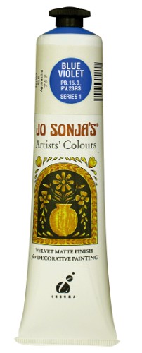 A 75ml tube of Jo Sonja's Blue Violet acrylic paint, offering vibrant, water-resistant color with a matte finish for versatile art applications.