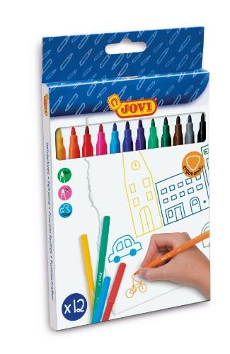 Vibrant set of 12 Jovi washable felt-tip pens with durable tips, ideal for artists, students, and creative doodlers.