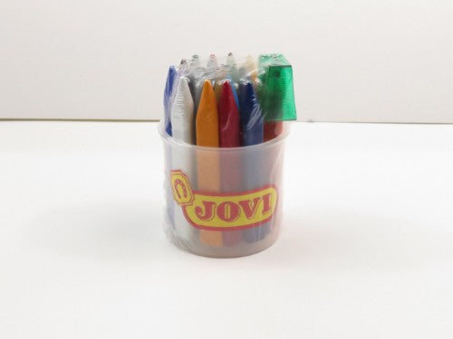 Triangular wax crayons in a jar, vibrant, long-lasting colors, non-toxic, perfect for kids' creative projects.