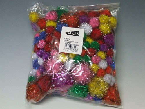 Colorful assorted glitter pom poms in various sizes, perfect for DIY crafts, scrapbooking, and creative projects.