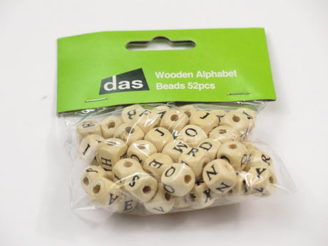 Colorful wooden alphabet beads set with 52 pieces, perfect for creative play and educational activities for kids.