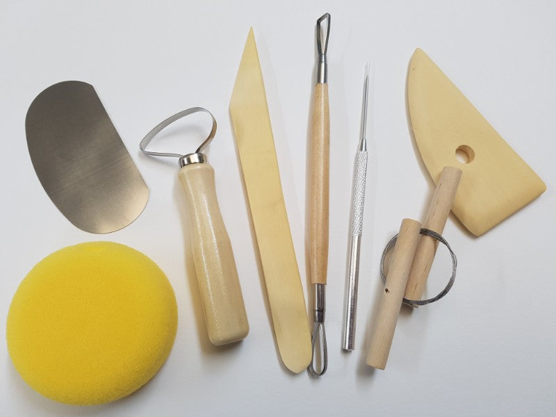 Pottery Tools Kit 8pce featuring eight quality tools for shaping, modeling, and detailing clay for art and ceramics.