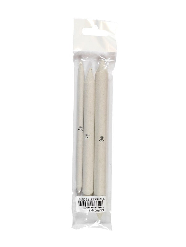 Set of 3 double-ended paper stumps for precise blending in art, made from soft gray paper felt, ideal for various mediums.