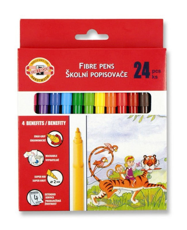 Vibrant Koh-I-Noor Fibre Pens set with 24 washable felt pens, featuring a versatile 2 mm nib for fine lines and broad strokes.