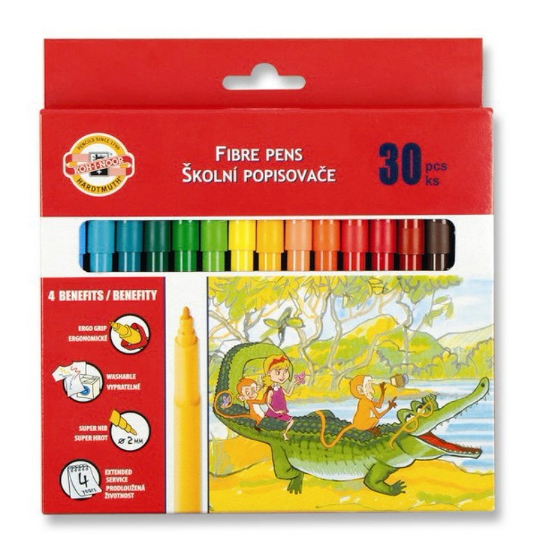 Vibrant 30-pack of Koh-I-Noor Fibre Pens with washable ink and 2 mm nibs, perfect for art projects and crafts.