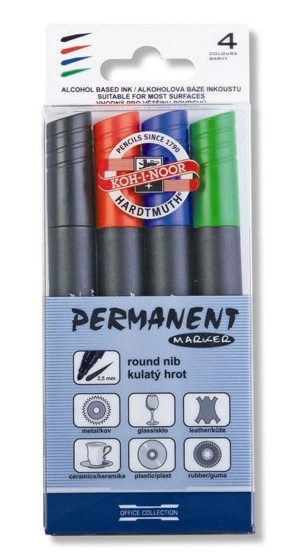 Koh-I-Noor Permanent Markers Round(4) - pack of vibrant green, red, blue, and black markers with 2.5mm round tips for versatile use.