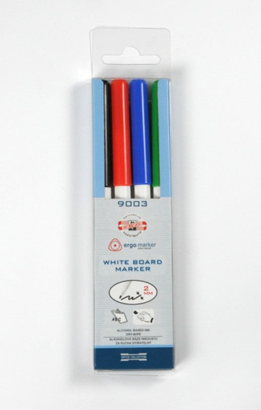 Koh-I-Noor Whiteboard Markers pack of 4 in red, blue, green, and black with 2mm round tips for vibrant, precise writing.