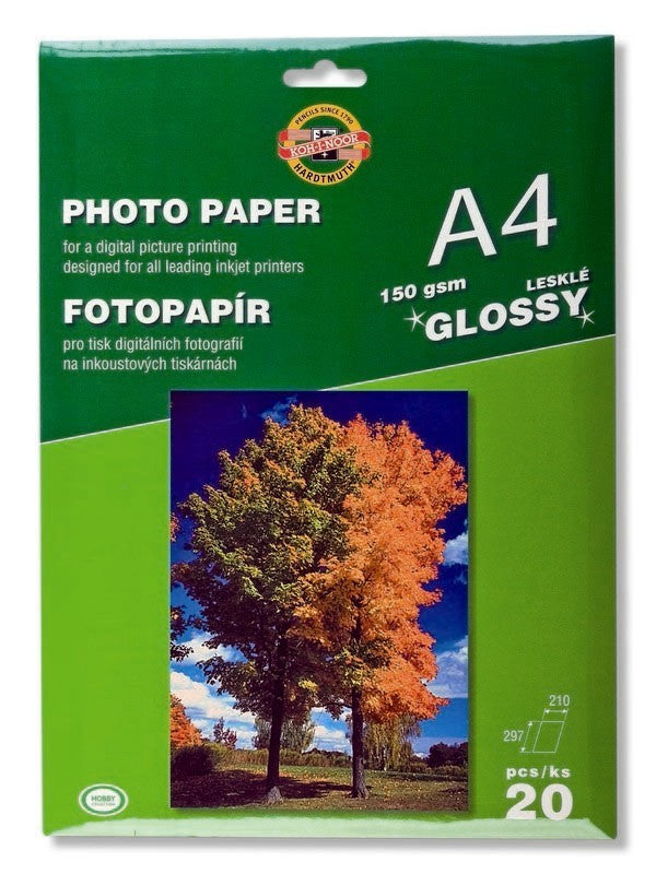 High-quality Koh-I-Noor Gloss Photopaper 150gsm for vibrant, detailed photographic prints, perfect for inkjet printing.