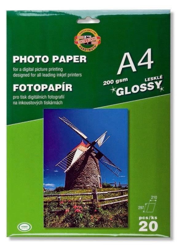 Koh-I-Noor Photopaper Gloss 200/20, high-gloss photo paper for vibrant, professional-quality prints up to 200 gsm.