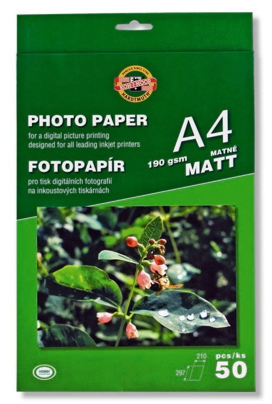 High-quality Koh-I-Noor matte photopaper, 190 gsm, for vibrant photo printing with a glare-reducing surface.