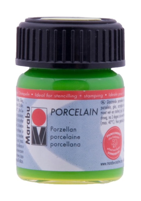 Vibrant 15ml Reseda porcelain paint, ideal for creative projects on ceramics and glass, water-based and dishwasher safe after curing.