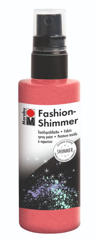 Vibrant red Marabu Fashion Shimmer fabric spray for creating stunning, shimmering designs on various textiles.