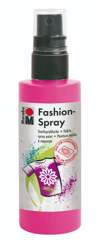 Vibrant pink fabric spray in a 100ml bottle for customizing textiles like T-shirts and bags, water-based and odor-free.