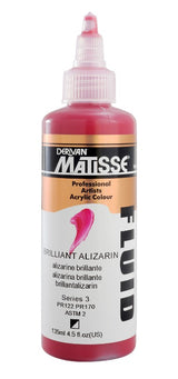 Matisse Fluid Acrylic Paint in Brilliant Alizarin, a vibrant, highly pigmented 135ml bottle ideal for blending and layering.