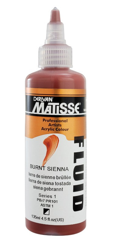 Matisse Fluid Acrylic Paint in Burnt Sienna, 135ml, offers rich pigmentation and fluidity for versatile artistic applications.