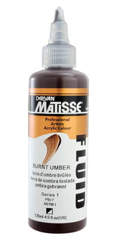 Matisse Fluid Acrylic Paint in Burnt Umber, 135ml, offering rich pigmentation, fluidity, and excellent lightfastness for artists.