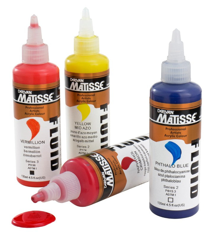 Matisse Fluid Acrylic Paint in Cerulean Blue, 135ml, showcasing vibrant color and smooth application for versatile artistic use.