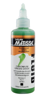 Vibrant 135ml Matisse Fluid Acrylic Paint in Chrome Green Oxide, ideal for versatile applications and excellent lightfastness.