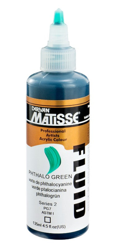 Vibrant Phthalo Green Matisse Fluid Acrylic Paint, 135ml, offers smooth application and excellent lightfastness for artists.