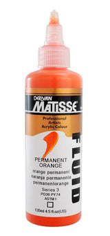 Permanent Orange Matisse Fluid Acrylic Paint in a 135ml bottle, featuring high pigment concentration and smooth, versatile application.