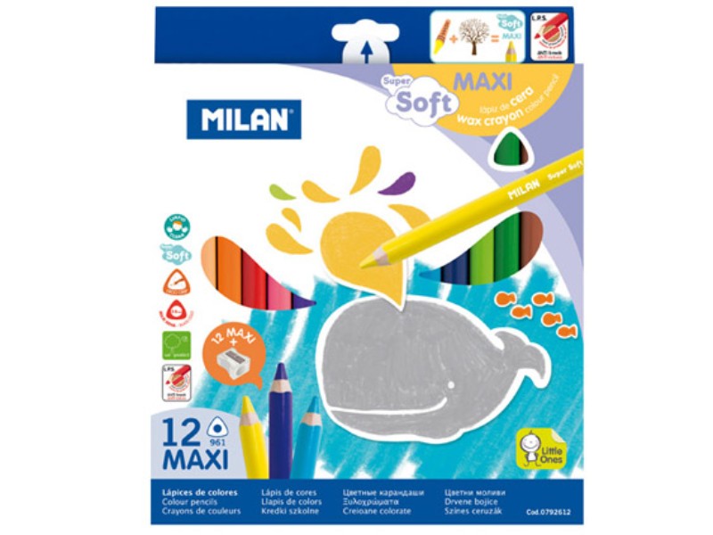 Milan Super Soft Maxi Colour Pencils: Set of 12 jumbo pencils in vibrant colors for easy, smooth drawing and coloring.